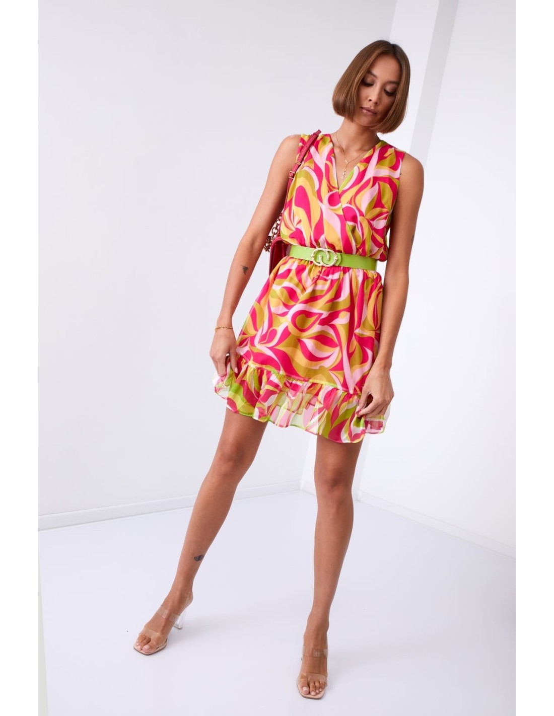 Light patterned dress with a belt, neon green and pink 03040 - Online store - Boutique